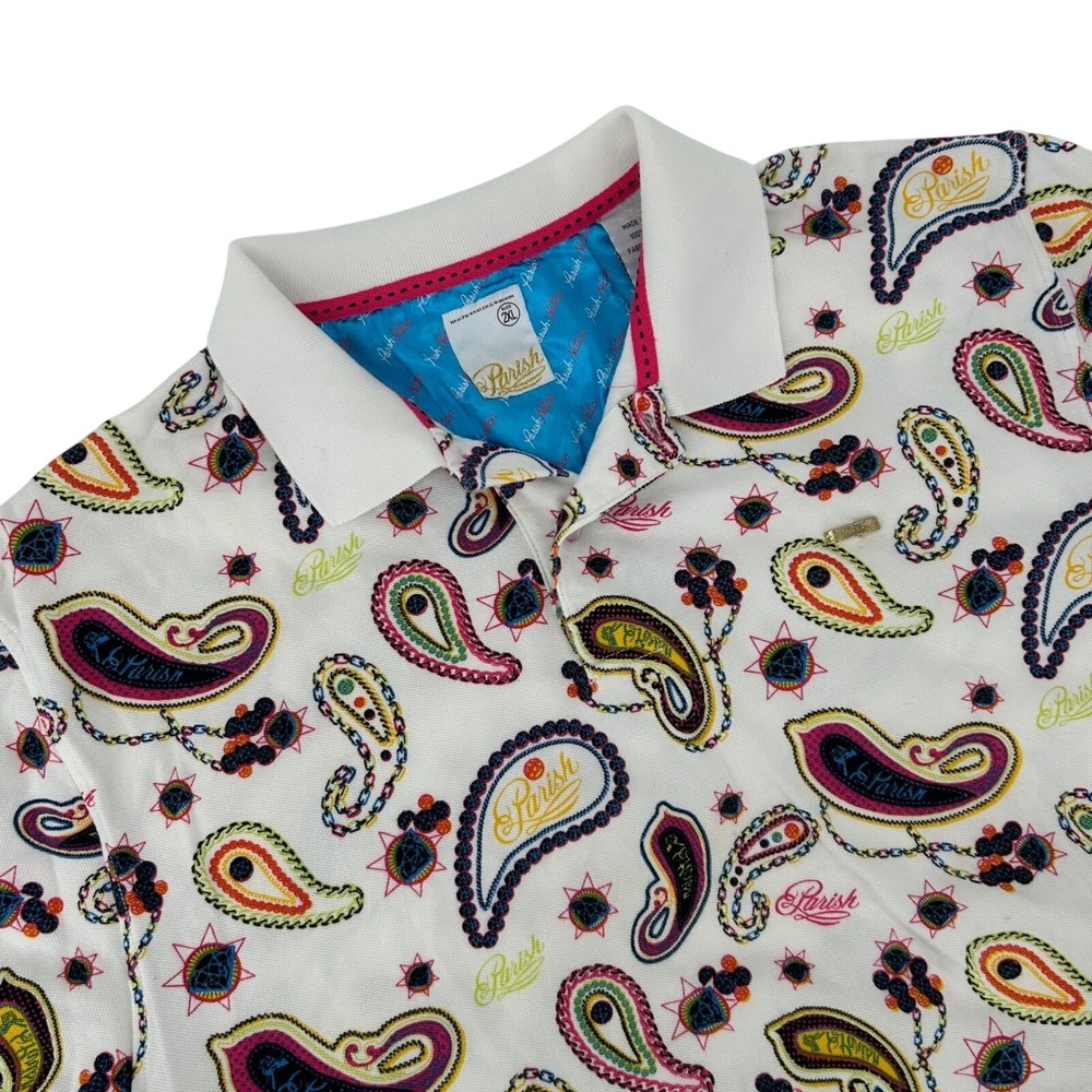 Parish Nation Mens 2XL White Paisley All Over Print Short Sleeve Polo Shirt